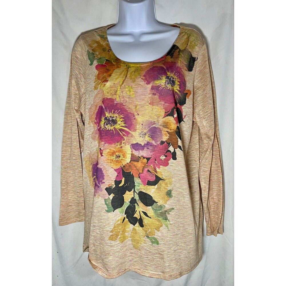 Coldwater Creek Floral Print Tunic Top 3/4 Sleeve Scoop Neck XL Beige
